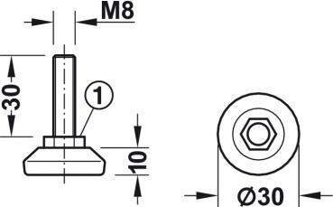 Verstellschraube, drehbar, mit Kunststoff-Fußteller M8